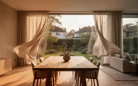 Ein heller, modern eingerichteter Wohnbereich mit einem großen Holztisch und Blick in einen Garten. - Foto: über boerse-global.de
