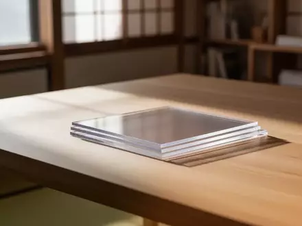 Nahaufnahme einer minimalistischen Schreibtischoberfläche aus Holz mit halbtransparenten Polycarbonatplatten bei natürlichem Licht. - Foto: über boerse-global.de