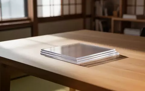 Nahaufnahme einer minimalistischen Schreibtischoberfläche aus Holz mit halbtransparenten Polycarbonatplatten bei natürlichem Licht. - Foto: über boerse-global.de