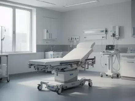 Ein steriler, professioneller Behandlungsraum in einer Klinik mit einer medizinischen Untersuchungsliege bei Tageslicht. - Foto: über boerse-global.de