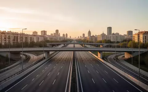 Eine weitläufige, moderne Autobahnkreuzung in Madrid bei Sonnenuntergang ohne Fahrzeuge. - Foto: über boerse-global.de