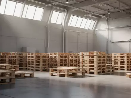 Leere Holzpaletten in einem modernen, minimalistischen Lagerhaus mit einfallendem Tageslicht. - Foto: über boerse-global.de