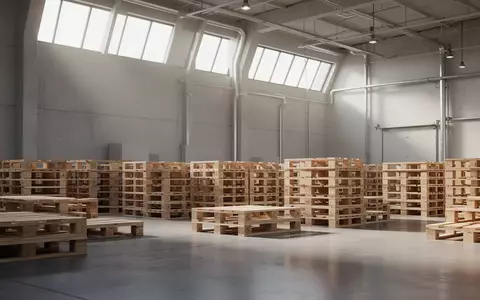 Leere Holzpaletten in einem modernen, minimalistischen Lagerhaus mit einfallendem Tageslicht. - Foto: über boerse-global.de