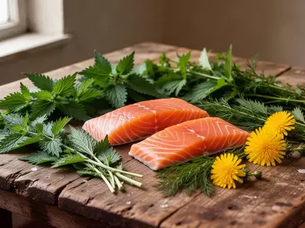 Frischer Lachs und gesammelte Wildkräuter auf einem Holztisch als Symbol für entzündungshemmende Ernährung. - Foto: über boerse-global.de