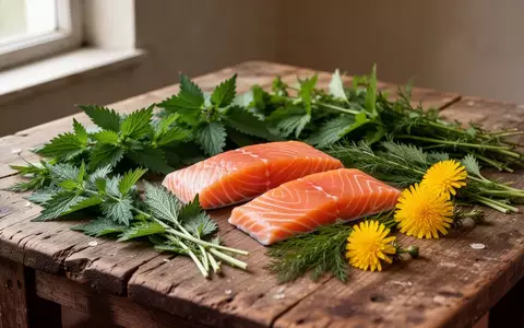 Frischer Lachs und gesammelte Wildkräuter auf einem Holztisch als Symbol für entzündungshemmende Ernährung. - Foto: über boerse-global.de