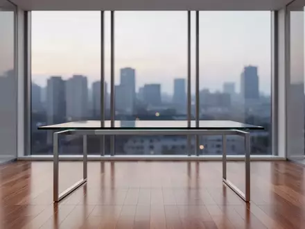 Ein minimalistisches, modernes Büro mit einem leeren Schreibtisch und großem Fenster mit Blick auf eine Stadt bei Dämmerung. - Foto: über boerse-global.de