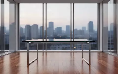 Ein minimalistisches, modernes Büro mit einem leeren Schreibtisch und großem Fenster mit Blick auf eine Stadt bei Dämmerung. - Foto: über boerse-global.de
