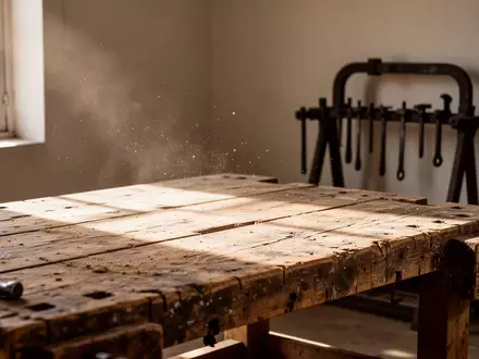 Ein leerer, sonnendurchfluteter Holztisch in einer Werkstatt, der eine ruhige und professionelle Arbeitsumgebung symbolisiert. - Foto: über boerse-global.de