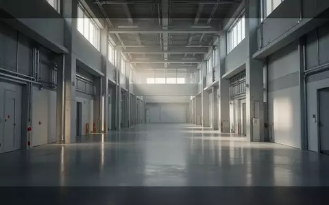 Ein minimalistischer, leerer Logistik-Verteilerraum in einem modernen Industriegebäude in Tokio bei Tageslicht. - Foto: über boerse-global.de