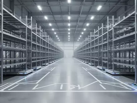 Eine weite, minimalistische Aufnahme einer modernen, leeren Logistikhalle mit poliertem Betonboden und hohen Regalsystemen. - Foto: über boerse-global.de
