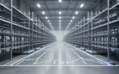 Eine weite, minimalistische Aufnahme einer modernen, leeren Logistikhalle mit poliertem Betonboden und hohen Regalsystemen. - Foto: über boerse-global.de