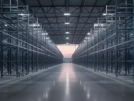 Weitläufige, automatisierte Logistikhalle mit leeren Regalsystemen und poliertem Industrieboden in kühlem Licht. - Foto: über boerse-global.de