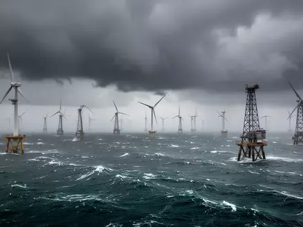 Offshore-Windkraftanlagen in der stürmischen Nordsee unter einem bewölkten Himmel. - Foto: über boerse-global.de