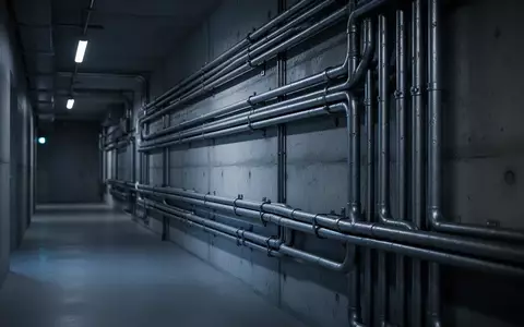 Ein düsterer Industrieflur mit Stahlrohren an einer Betonwand, beleuchtet durch diffuses blaues Licht. - Foto: über boerse-global.de