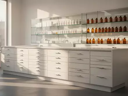 Ein minimalistischer Apothekentresen mit leeren Medizinschubladen und braunen Glasflaschen in hellem Tageslicht. - Foto: über boerse-global.de