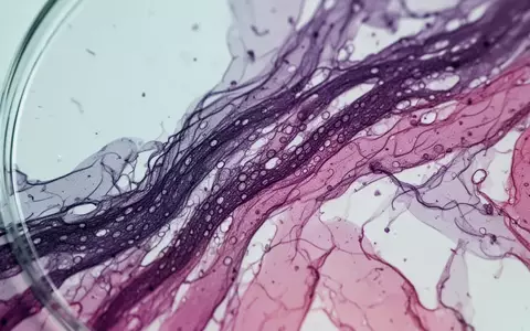 Mikroskopische Aufnahme von biologischem Gewebeschnitt in violetten und rosa Farbtönen für die medizinische Forschung. - Foto: über boerse-global.de