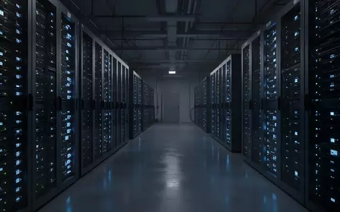 Dunkler, moderner Serverraum mit blauen Statusleuchten an Server-Racks in einer sterilen Umgebung. - Foto: über boerse-global.de