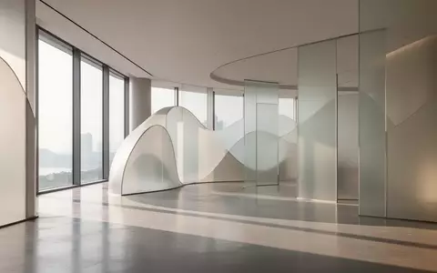Ein minimalistisch gestalteter Innenraum mit fließenden, organischen Formen und weichem Tageslicht, das durch große Fensterflächen fällt. - Foto: über boerse-global.de