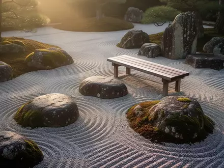 Minimalistischer japanischer Zen-Garten mit geharktem Kies und bemoosten Steinen im sanften Morgenlicht. - Foto: über boerse-global.de