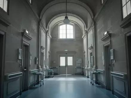 Ein leerer, steriler Krankenhausflur in einem historischen Gebäude mit hohen Decken und gedimmtem Tageslicht. - Foto: über boerse-global.de