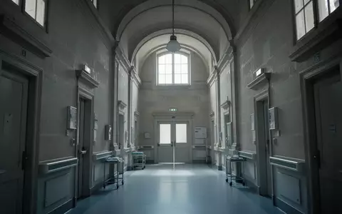 Ein leerer, steriler Krankenhausflur in einem historischen Gebäude mit hohen Decken und gedimmtem Tageslicht. - Foto: über boerse-global.de