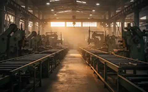 Eine leere, in goldenes Licht getauchte Industriehalle mit Produktionsmaschinen. - Foto: über boerse-global.de