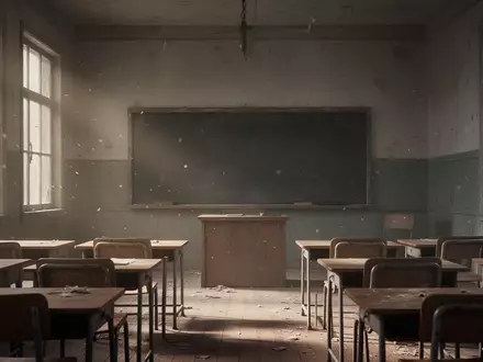 Ein leerer, sonnendurchfluteter Klassenraum mit leeren Schultischen und einer leeren Schultafel. - Foto: über boerse-global.de