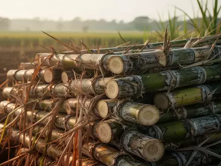 Nahaufnahme von geernteten Zuckerrohrstangen auf einem Feld bei natürlichem Morgenlicht. - Foto: über boerse-global.de