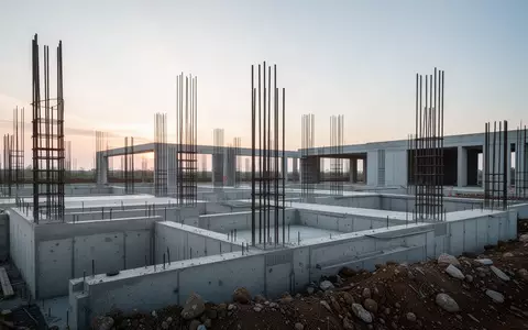 Eine leere Baustelle mit Betonfundamenten und Stahlbewehrungen im weichen Licht der Morgendämmerung. - Foto: über boerse-global.de