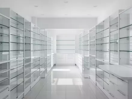 Eine leere, helle Apotheken-Inneneinrichtung mit modernen Regalen und steriler Atmosphäre. - Foto: über boerse-global.de