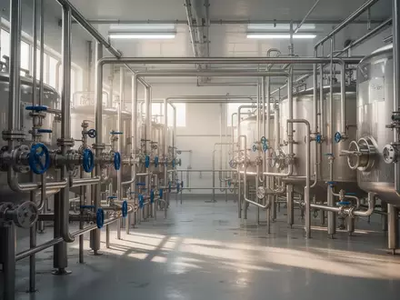 Edelstahltanks und Rohrleitungen in einer modernen Molkerei bei natürlichem Lichteinfall. - Foto: über boerse-global.de