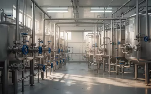 Edelstahltanks und Rohrleitungen in einer modernen Molkerei bei natürlichem Lichteinfall. - Foto: über boerse-global.de