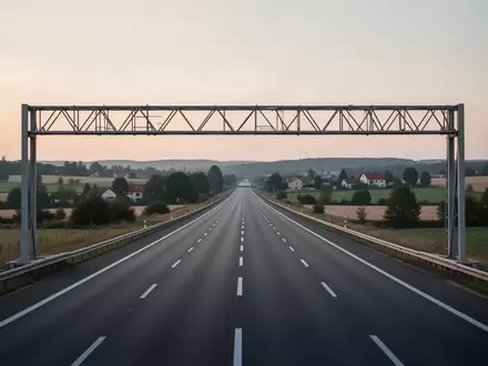 Eine leere Autobahn mit einer schlichten, textfreien Mautbrücke in einer ländlichen Landschaft bei Dämmerung. - Foto: über boerse-global.de