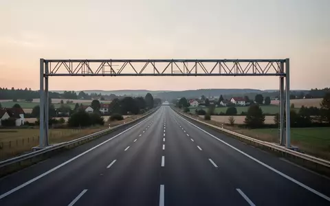Eine leere Autobahn mit einer schlichten, textfreien Mautbrücke in einer ländlichen Landschaft bei Dämmerung. - Foto: über boerse-global.de