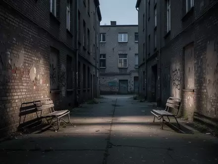 Eine menschenleere, graue urbane Gasse mit verwitterten Backsteinwänden und einer einzelnen Metallbank bei Dämmerung. - Foto: über boerse-global.de