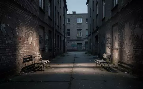 Eine menschenleere, graue urbane Gasse mit verwitterten Backsteinwänden und einer einzelnen Metallbank bei Dämmerung. - Foto: über boerse-global.de