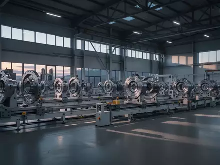 Eine moderne, weitläufige Industriehalle mit automatisierten Fertigungslinien und metallischen Werkstücken bei Dämmerlicht. - Foto: über boerse-global.de