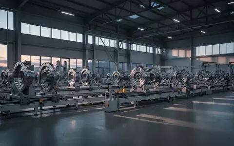 Eine moderne, weitläufige Industriehalle mit automatisierten Fertigungslinien und metallischen Werkstücken bei Dämmerlicht. - Foto: über boerse-global.de