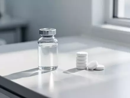 Ein klares Glasfläschchen mit Flüssigkeit und eine kleine Menge weißer Tabletten auf einem sterilen Labortisch. - Foto: über boerse-global.de