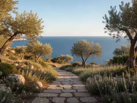 Eine sonnige mediterrane Küstenlandschaft mit Olivenbäumen und einem schmalen Weg bei natürlichem Tageslicht. - Foto: über boerse-global.de