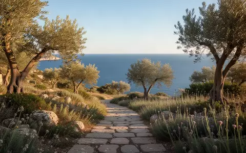 Eine sonnige mediterrane Küstenlandschaft mit Olivenbäumen und einem schmalen Weg bei natürlichem Tageslicht. - Foto: über boerse-global.de