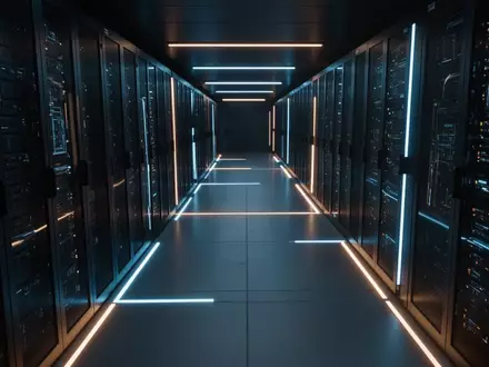 Ein minimalistischer, dunkel gehaltener Serverraum mit blauen und bernsteinfarbenen Lichtleisten an Boden und Wänden. - Foto: über boerse-global.de
