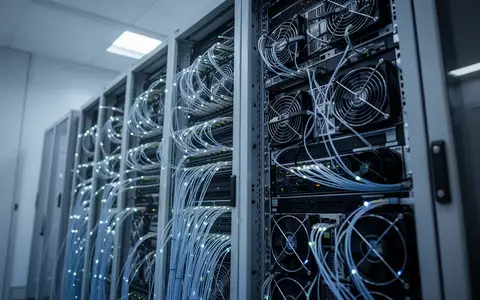 Modernes Server-Rack mit geordneter Verkabelung und kühler Beleuchtung zur Visualisierung von Systemarchitektur und Speicheroptimierung. - Foto: über boerse-global.de