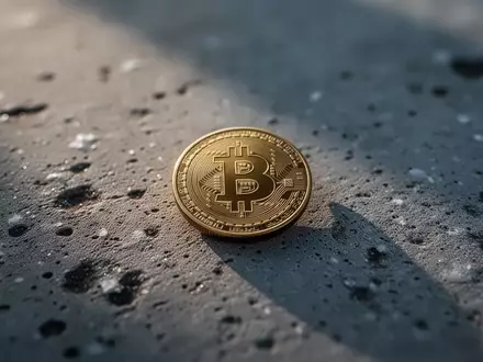 Eine einzelne physische Bitcoin-Münze auf einer kühlen, grauen Betonoberfläche bei gedämpftem Tageslicht. - Foto: über boerse-global.de