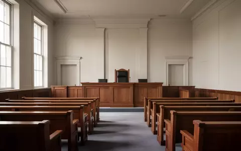 Ein leerer, minimalistischer Gerichtssaal mit hölzernen Sitzbänken und Richtertisch in ruhiger, natürlicher Beleuchtung. - Foto: über boerse-global.de