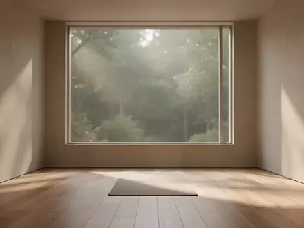 Ein minimalistischer, heller Meditationsraum mit Holzboden und Blick ins Grüne, der eine ruhige und regenerative Atmosphäre ausstrahlt. - Foto: über boerse-global.de