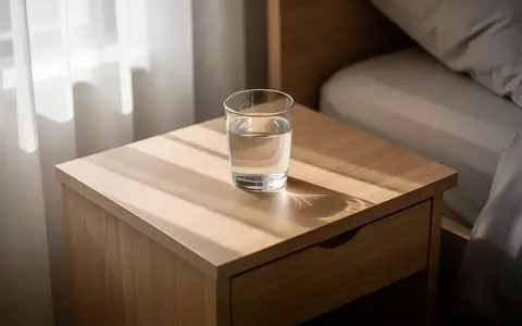Ein minimalistischer Nachttisch aus Holz mit einem Glas Wasser im sanften Morgenlicht. - Foto: über boerse-global.de