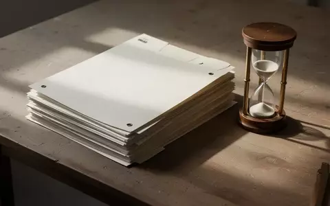 Leere Archivordner und eine Sanduhr auf einem Holztisch symbolisieren Zeitplanung und Altersvorsorge. - Foto: über boerse-global.de