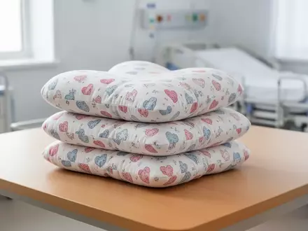 Ein Stapel handgenähter, herzförmiger Stoffkissen auf einem Holztisch in einem hellen Klinikzimmer. - Foto: über boerse-global.de
