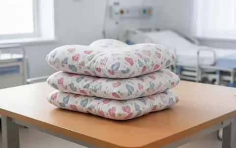 Ein Stapel handgenähter, herzförmiger Stoffkissen auf einem Holztisch in einem hellen Klinikzimmer. - Foto: über boerse-global.de